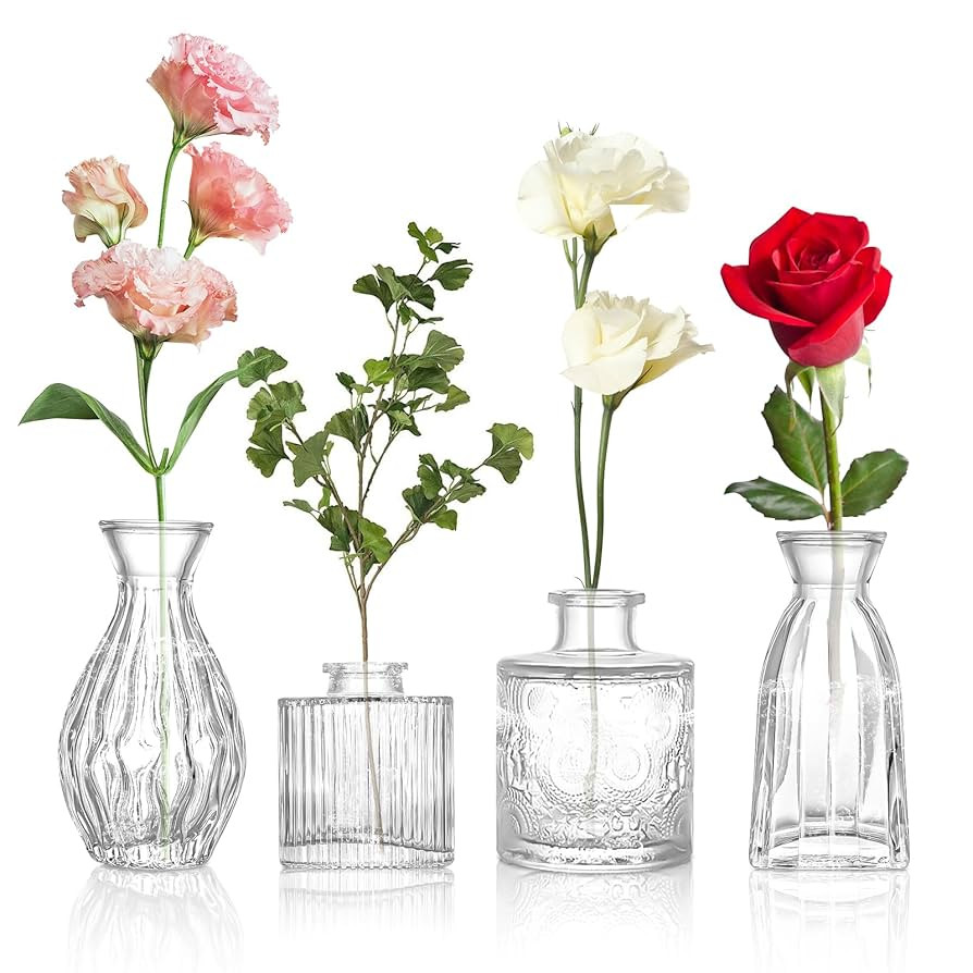 Glass Bud Vases Set of 4, 4 Sizes of Small Flower Vase for Party or Home Table Decorations | Amazon (US)