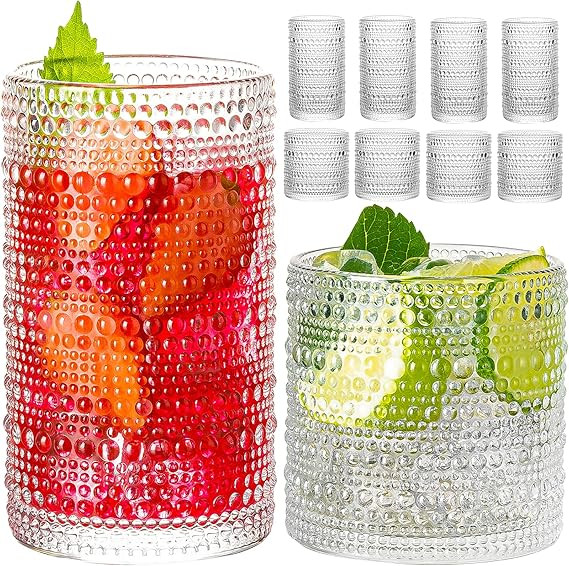 Drinking Glasses, 8 pcs Embossed Designed Glass Cups-4 Highball Glasses 15oz & 4 Rocks Glasses 13... | Amazon (US)