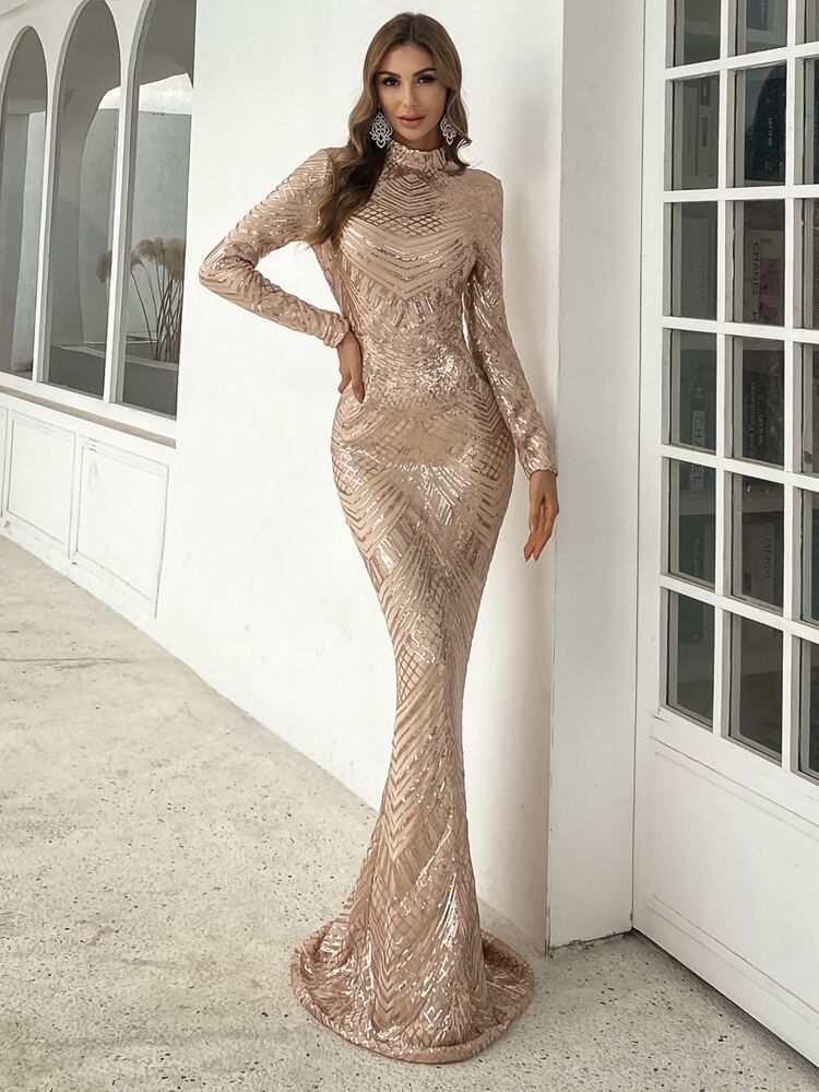 Missord Mock Neck Mermaid Hem Sequin Prom Dress | SHEIN