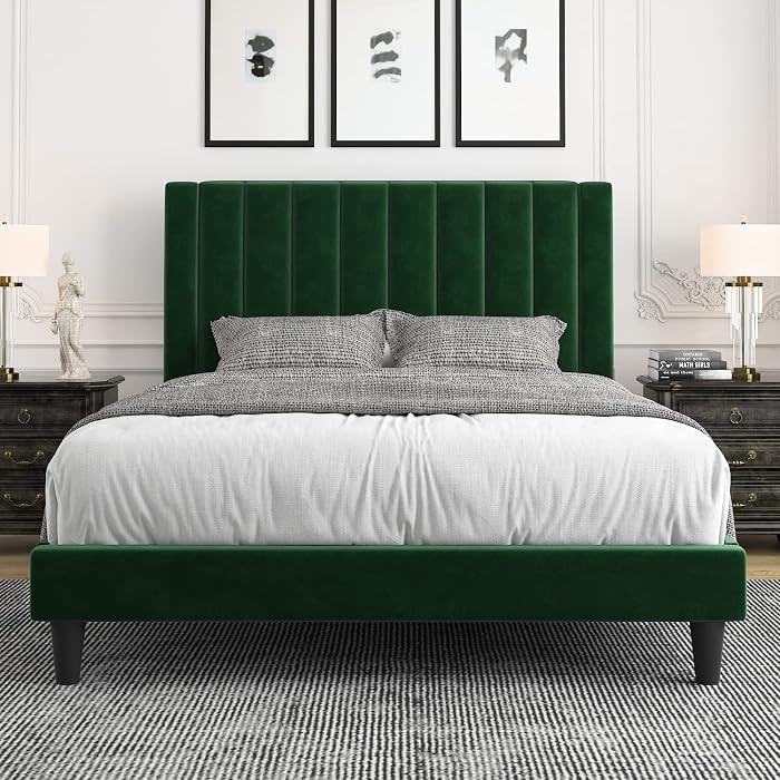 Allewie Queen Bed Frame/Velvet Upholstered Bed Frame with Vertical Channel Tufted Headboard/Strong Wooden Slats/Platform Bed Frame/Mattress Foundation/Box Spring Optional/Easy Assembly/Green | Amazon (US)
