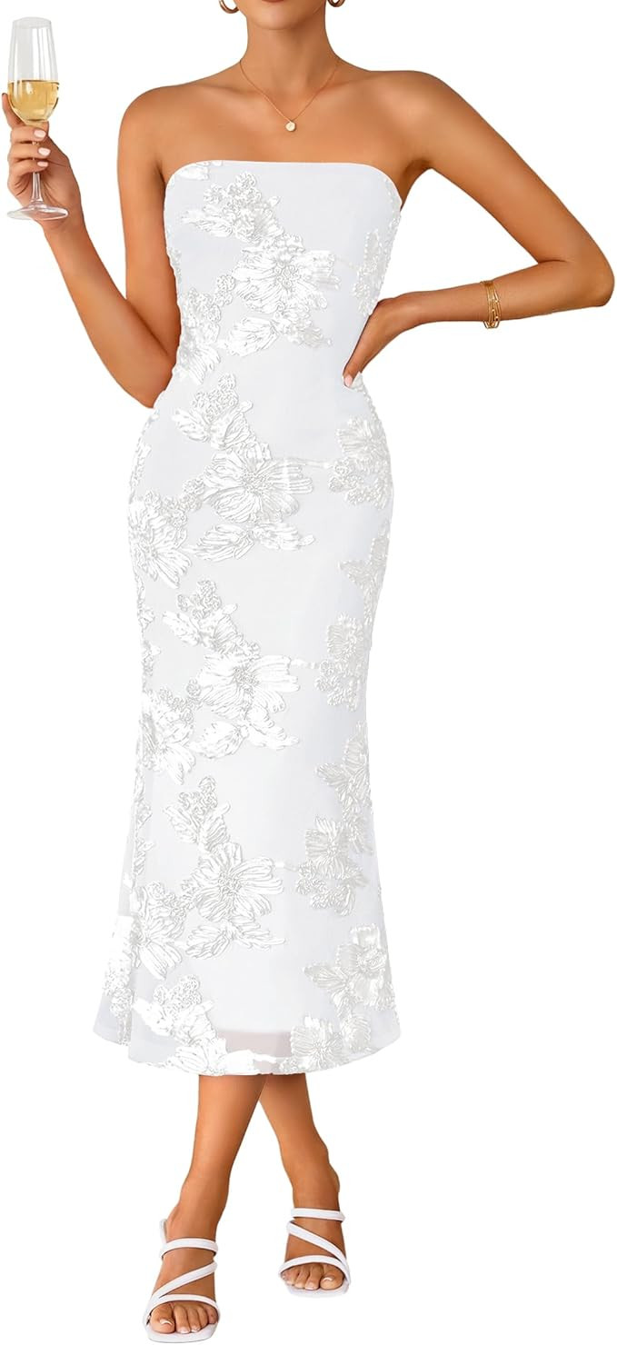 ZESICA Women's Summer Strapless Floral Midi Dress 2026 Bodycon Mesh Tube Wedding Guest Cocktail P... | Amazon (US)