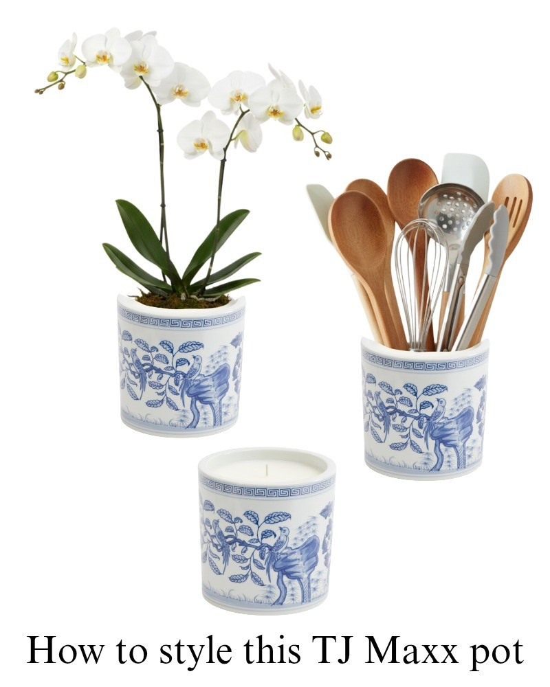 Here are different ways to style this beautiful white and blue pot. It's on sale at TJ Maxx. You could put an orchid in it, make a candle or stick one in it, or put kitchen utensils inside. French, modern, coastal, kitchen, entry, livingroom, bedroom.

#LTKSaleAlert #LTKHome #LTKHoliday