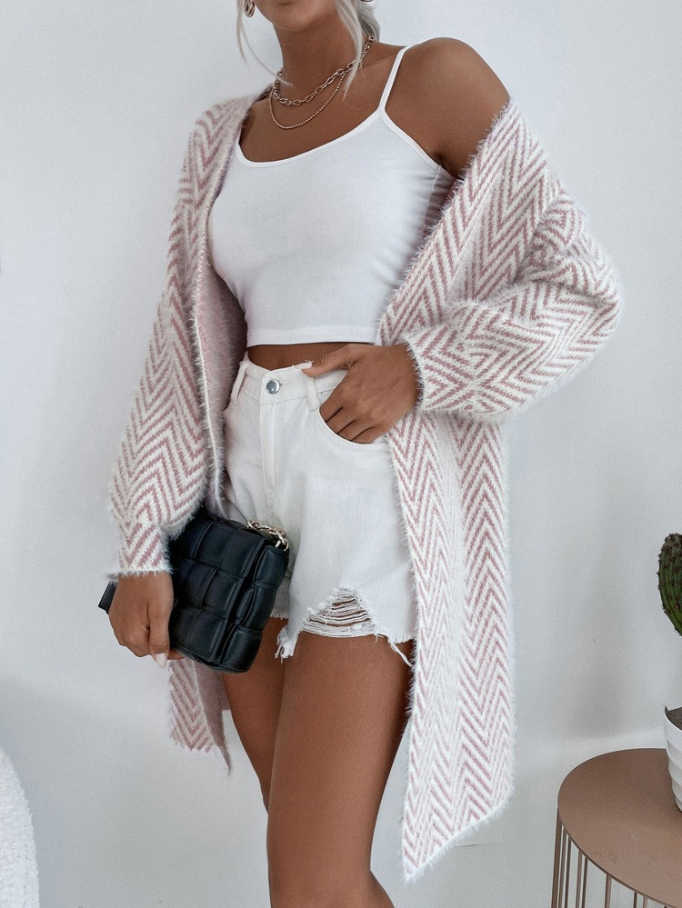Chevron Pattern Bishop Sleeve Cardigan | SHEIN
