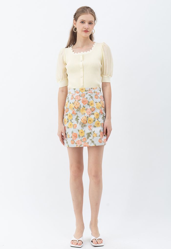 Bicolor Rose Jacquard Mini Bud Skirt | Chicwish