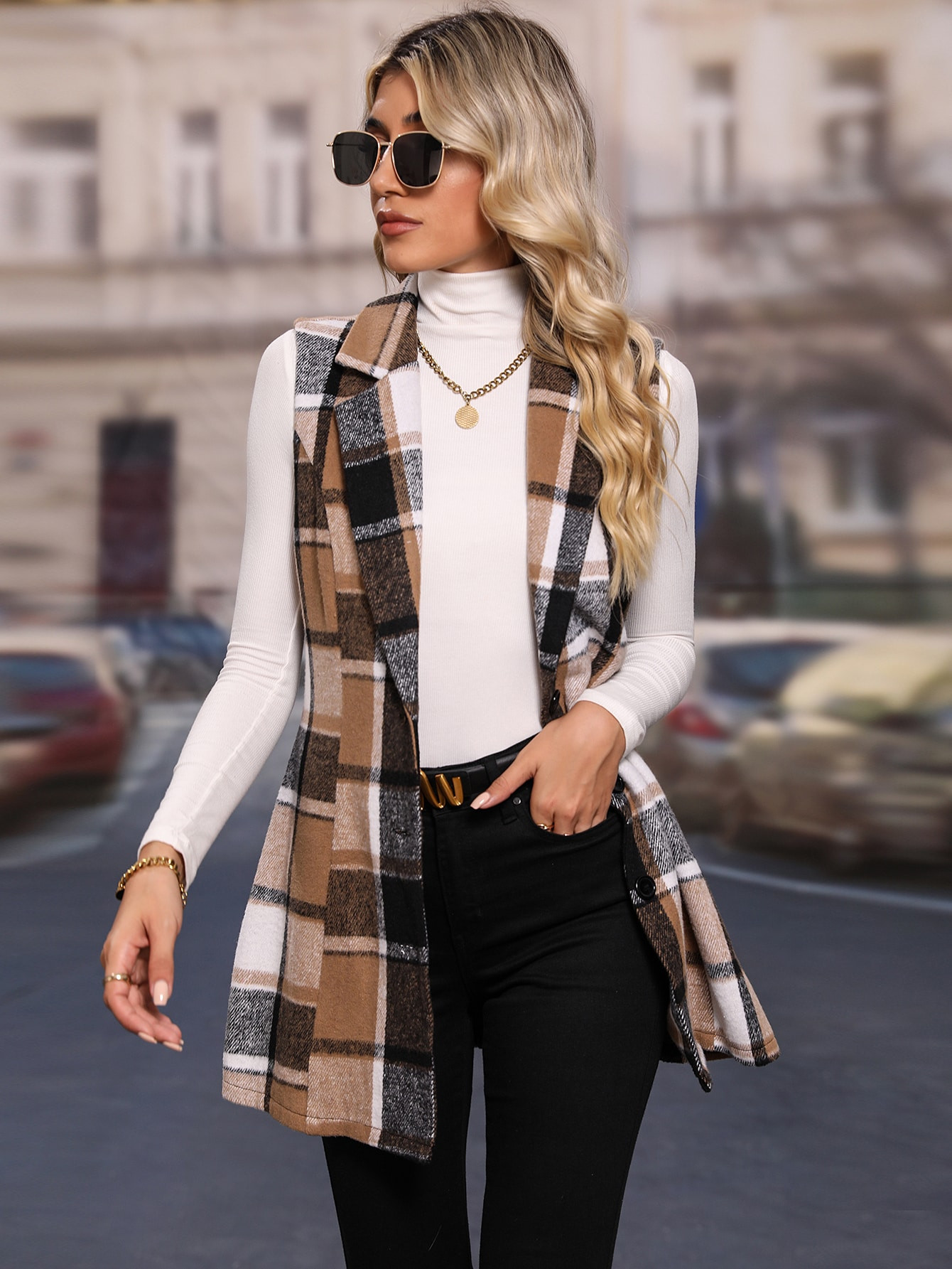 SHEIN LUNE Plaid Lapel Neck Vest Coat | SHEIN