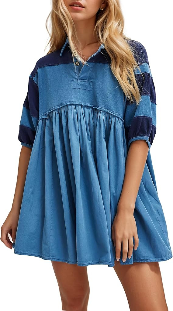 OLAPTA Women Patchwork Oversized Sweatshirts Mini Dress Striped Colorblock Half Sleeve Collar Fal... | Amazon (US)