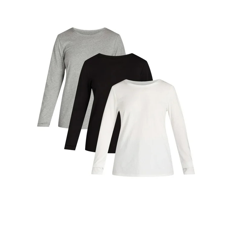 Time and Tru Women's Cotton Crewneck Tee with Long Sleeves, Single and 3 Pack, Sizes XS-XXXL | Walmart (US)