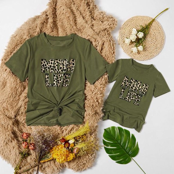 Leopard Letter Print Dark Green Tops for Mom and Me | PatPat