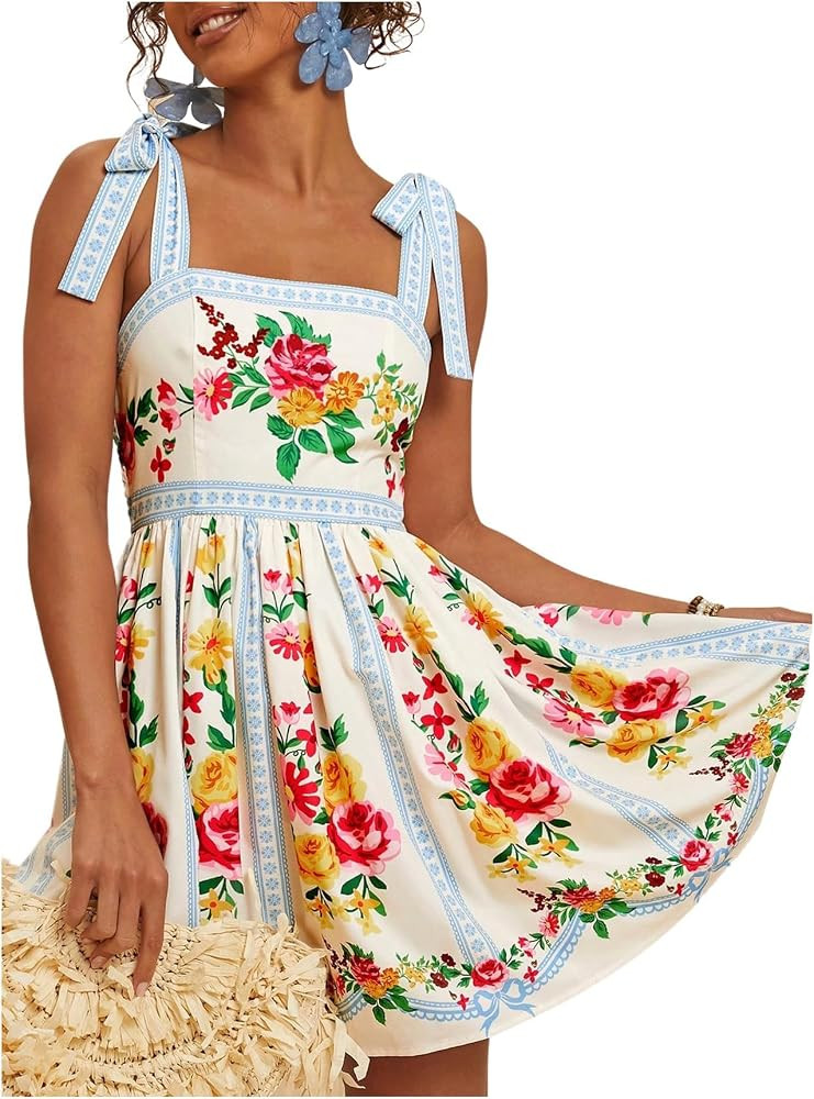 OYOANGLE Women's Boho Dress Floral Tropical Vacation Dress Sleeveless Tie Shoulder Summer Flowy M... | Amazon (US)