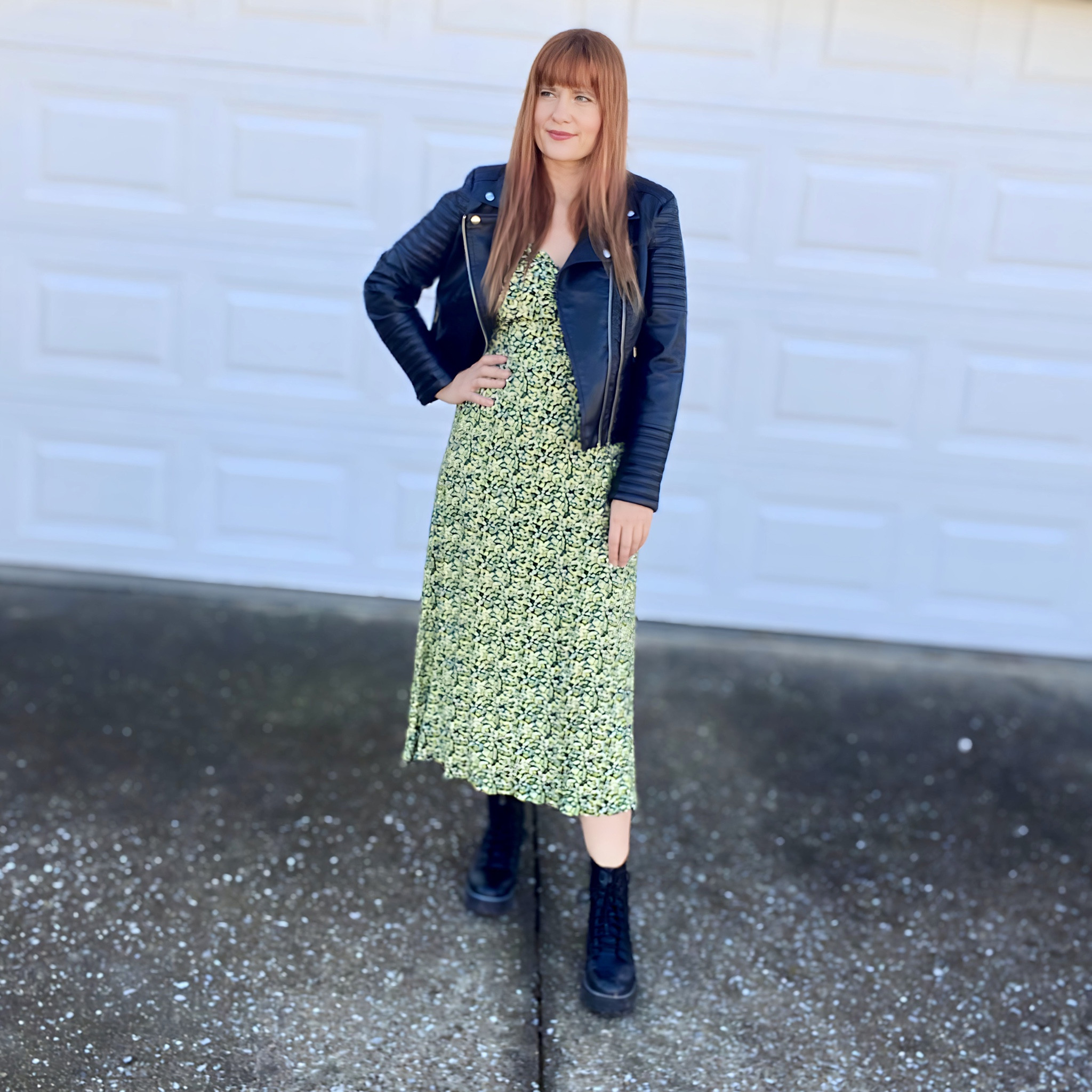 Moto leather jacket 
Green floral dress
Combat boots 

#walmart #shein #amazon

#LTKover40 #LTKmidsize #LTKstyletip