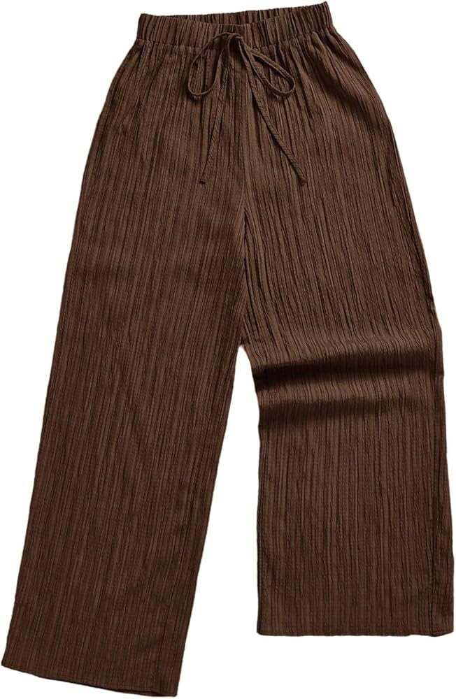 WDIRARA Women's Textured Wide Leg Pants Drawstring Elastic Waist Loose Baggy Pants | Amazon (US)