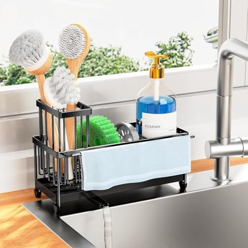 Sink Caddy Organizer with Drain Tray, Stainless Steel Sink Organizer, Sponge Holder with Brush & Towel Rack, Rustproof Space-Saving Design (Black). | Amazon (US)