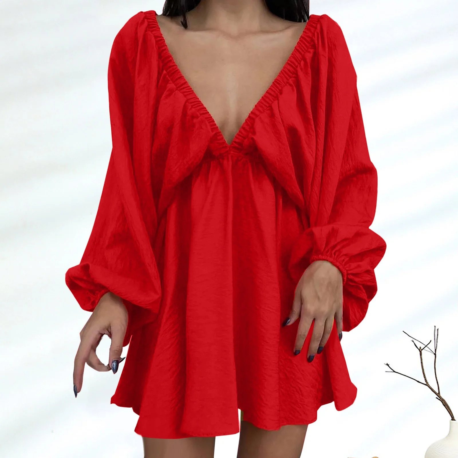 Women Deep V Neck Puff Long Sleeve Mini Dress Backless High Waist Ruffle Short Dress Party Club F... | Walmart (CA)