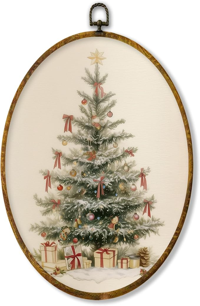 XPH Vintage Christmas Tree Oval Wall Art Framed, Rustic Winter Xmas Tree Oval Wall Decor, Farmhou... | Amazon (US)