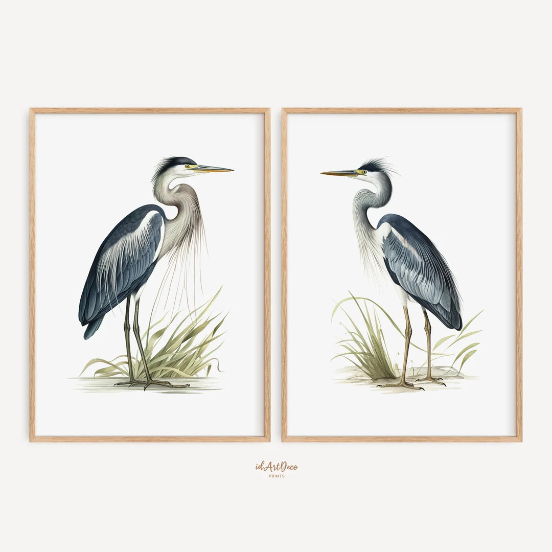 Set of 2 Heron Prints, Coastal Wall Art, Watercolor Bird Poster, Beach Cottage Printable Decor, N... | Etsy (US)