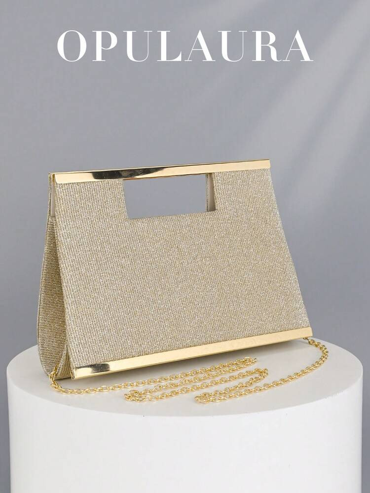 OpulAura Fashionable Metallic Clasp Evening Clutch, Sparkling Gold Metallic Bar Design, Luxury & Elegant Formal Handbag For Gala, Party, Wedding, Includes Detachable Chain , Gold Bag | SHEIN