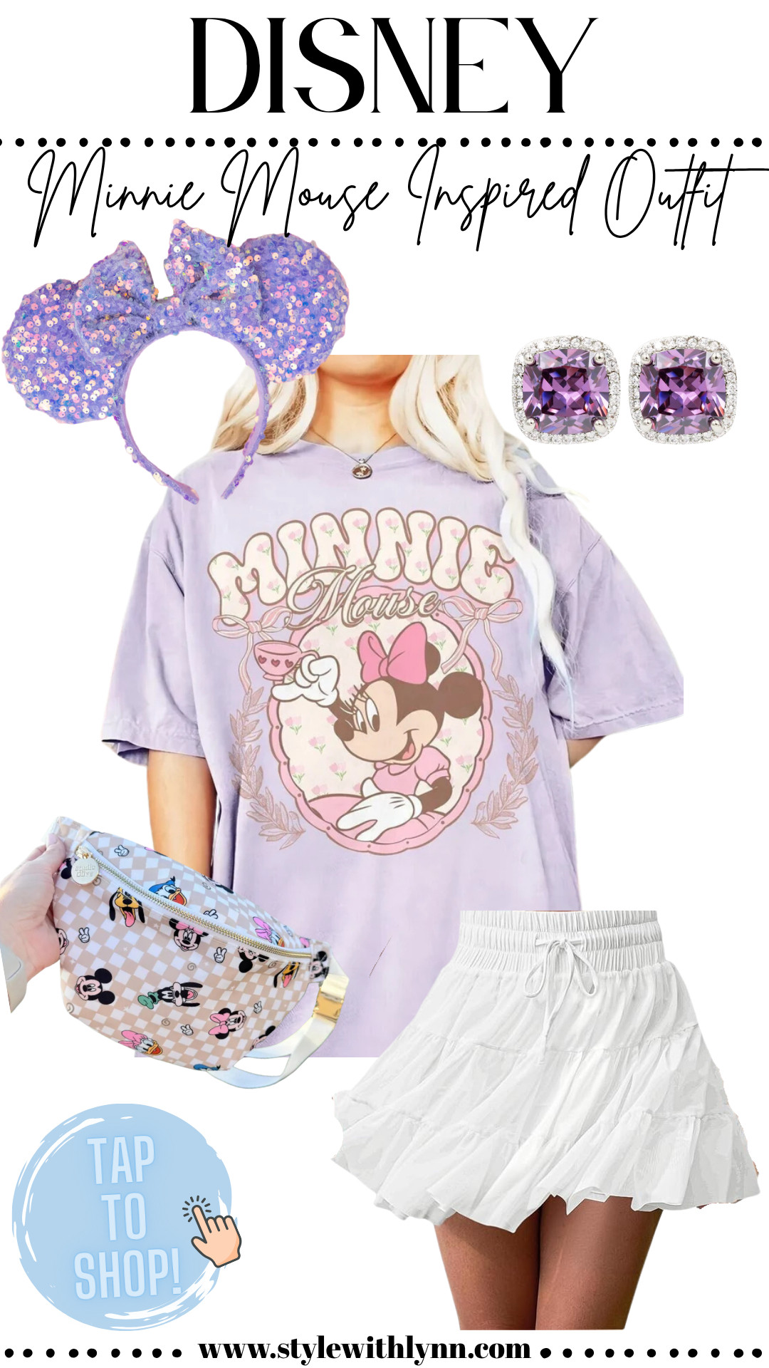 Ready to rock the cutest Minnie Mouse inspired outfit for your next Disney park day? ✨ This adorable look features a pastel purple Minnie graphic tee, flirty white tiered skort, sparkling Minnie ears, and the perfect Disney character belt bag for all your park essentials! Don’t forget those pretty purple stud earrings to add a little extra magic. 💜🏰

Perfect for summer at Disney World or Disneyland, this outfit is comfy, fun, and totally Instagram-worthy!

🛍️ Tap to shop this full Disney outfit now and bring some Minnie magic to your wardrobe!

#DisneyOutfitInspo #MinnieMouseStyle #DisneyWorldOutfit #ParkDayLook #DisneyAesthetic #DisneyBounding #LTKDisney #LTKStyle #ShopDisney 

 