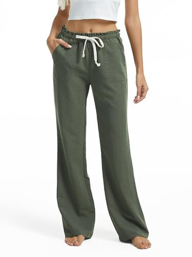 SEVEGO Women's Casual Linen Pants Regular 30" Inseam Flared Leg Smocked Waist Beach Summer Slacks, Green, Small | Amazon (US)