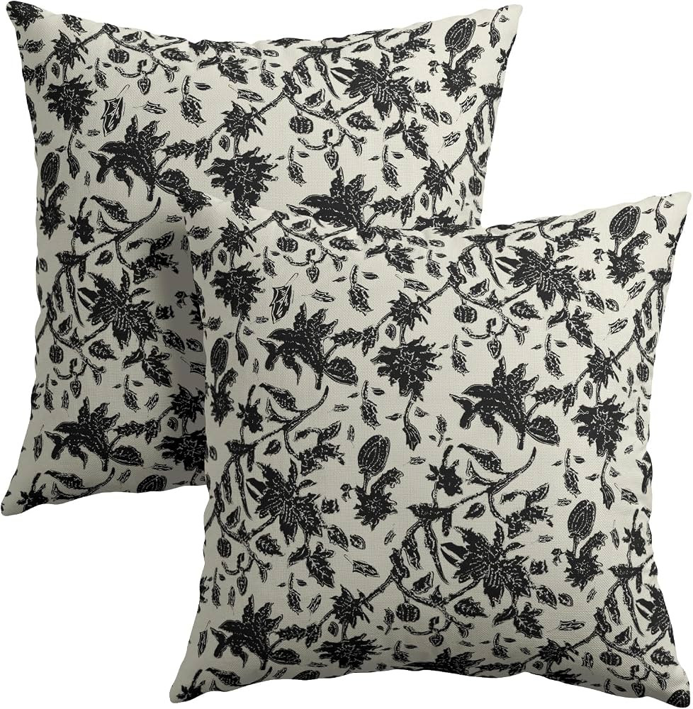 Black Floral Block Print Throw Pillow Covers 18x18 Inch Set of 2 Vintage Boho Cottage Spring Fall... | Amazon (US)