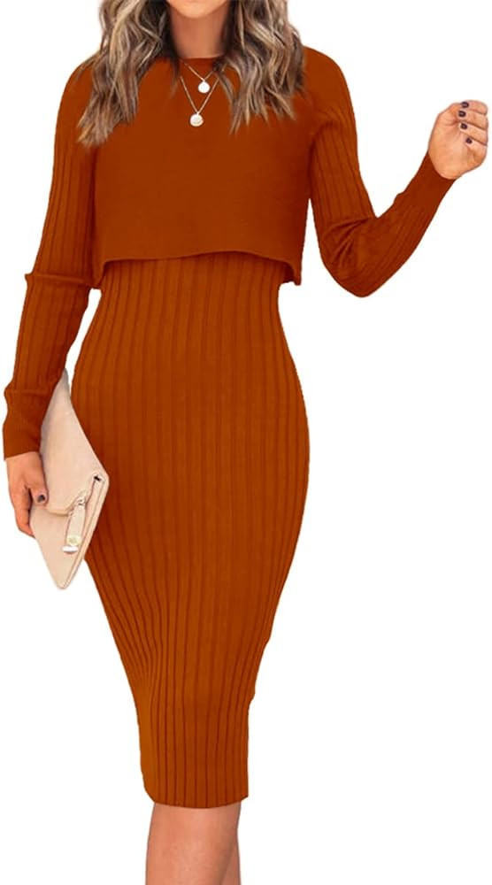 Ezbelle Women's Long Sleeve Sweater Dresses 2 Piece Outfits Sets Ribbed Knit Crop Tops and Tank B... | Amazon (US)