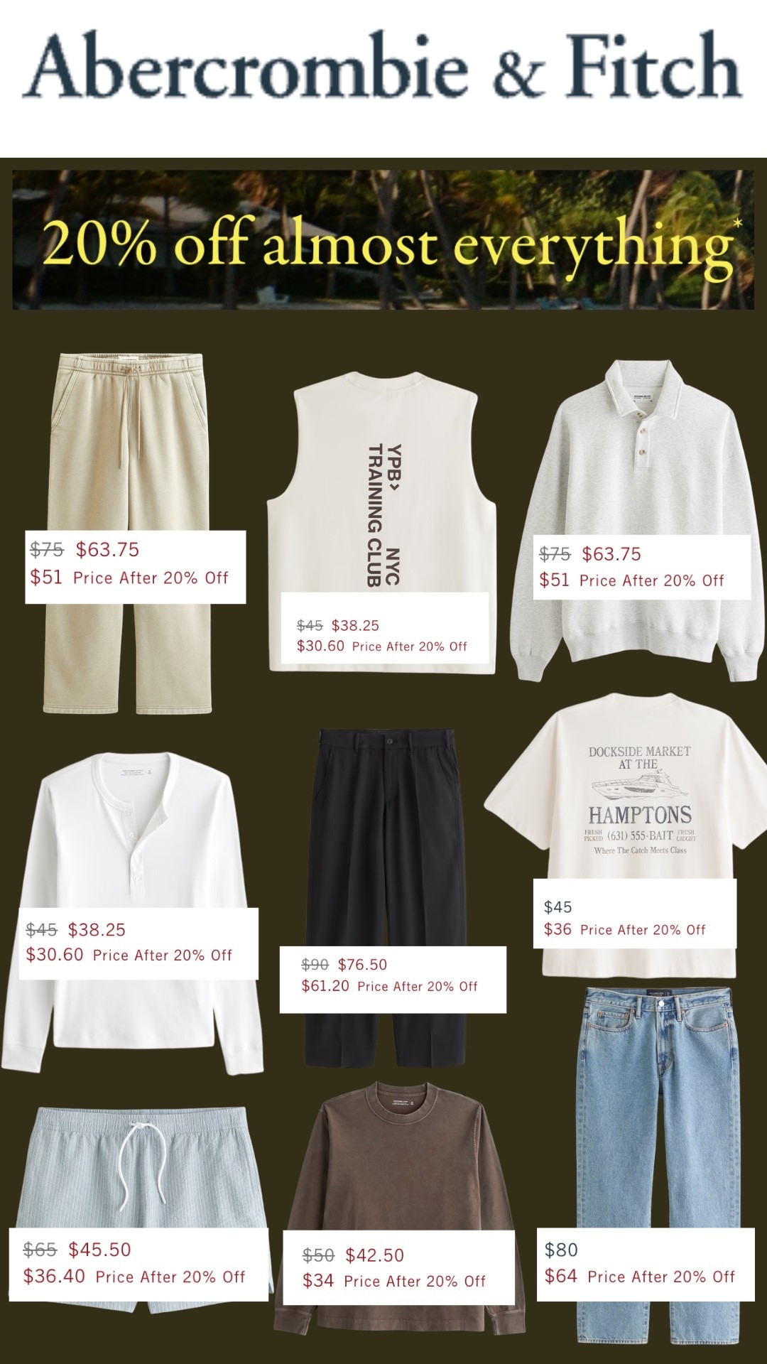 Abercrombie is quietly having one of the best sales of the season 👀

20% off almost everything, which means some of my most-worn summer staples are finally on sale. Think relaxed trousers, lightweight knits, elevated basics, easy linen shorts, graphic tees, and the jeans I recommend all the time.

If you're building a summer wardrobe without overthinking it, this is the sale I'd shop first. Everything linked below. ⬇️

#LTKMens #MensFashion #Abercrombie #AbercrombieStyle #SummerStyle #MensStyle #Menswear #CapsuleWardrobe #SummerOutfits #EverydayStyle

#LTKootd #LTKgrwm #LTKSeasonal