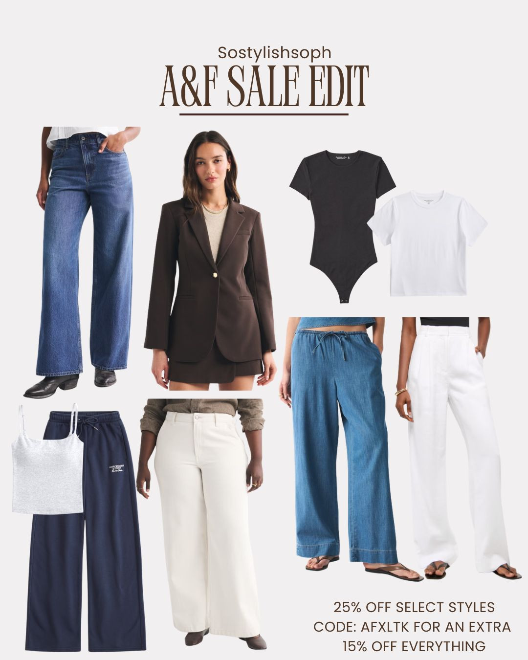 My Faves from Abercrombie which has 25% Off Select Styles and 15% Off Everything Else. Use code AFxLTK to get an additional 15% off everything 🙌 

Neutral Capsule Wardrobe, Wide Leg Jeans, Brown Blazer, White Wide Leg Trousers, Chambray Pull-On Trousers, Everyday Basic Tee, Navy Lounge Trousers, Casual Staples, Spring Summer Essentials 

 #LTKuk #LTKspring #LTKsummer