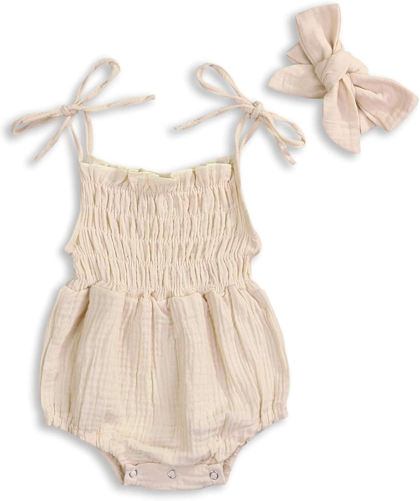 KCSLLCA Baby Girls Sleeveless Romper Set Sling Backless Jumpsuit Outfits with Headband | Amazon (US)