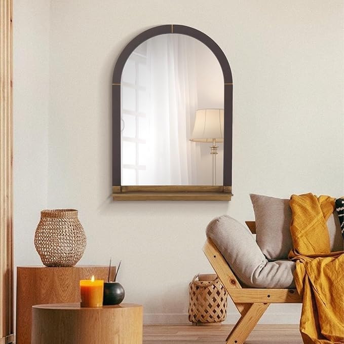 Rustic Arch Wood Wall Mirror with Metal Shelf Antique Brown 29.53" W X 19.88" H 3.94" D Vintage I... | Amazon (US)