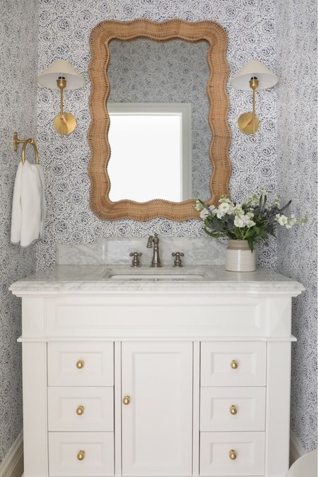 Bathroom decor, bathroom vanity, oak vanity, Home Depot, Wayfair, faucet, Kingston brass, Serena and lily wallpaper, home decor, spring decor, neutral decor

#LTKsalealert #LTKhome #LTKSeasonal