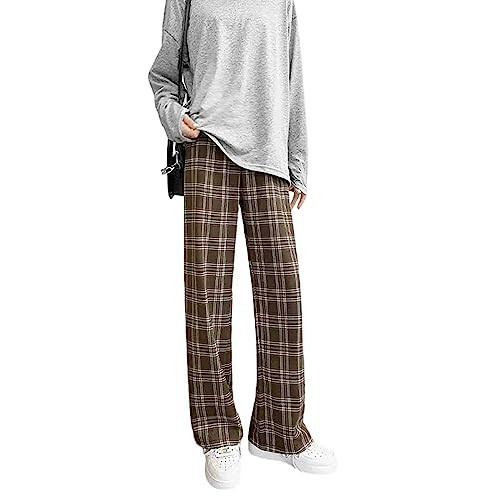 Women's Casual Straight Plaid Pants with high Waisted Plaid Wide Leg Pants (Brown Grid,L) | Amazon (US)