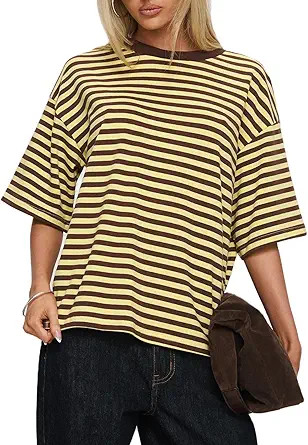 Y2k Women Oversized Striped Shirt Short Sleeve Crewneck Loose Fit T Shirts Casual Blouse Tee Fair... | Amazon (US)