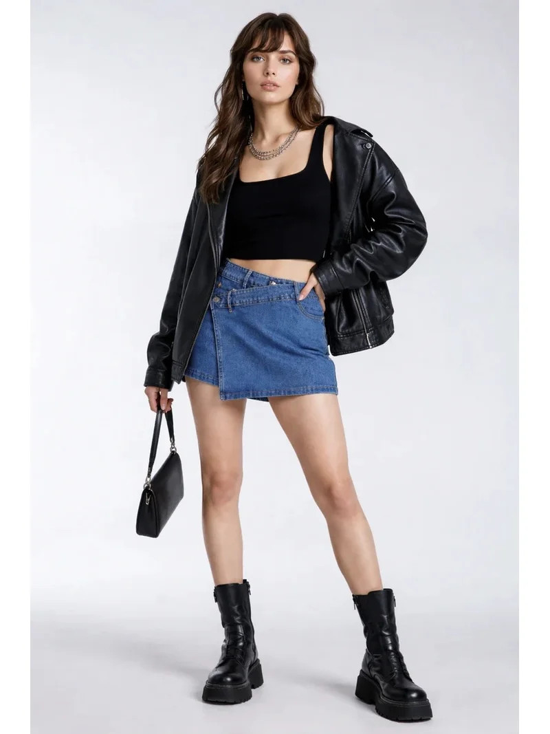Forever 21 Denim Asymmetrical Skort, Color-Medium Denim, Size-S | Walmart (US)