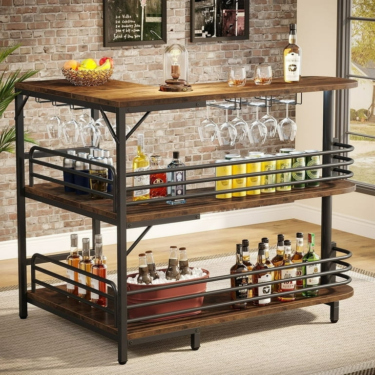 Tribesigns L-Shaped Home Bar Cabinets with Storage Shelves and Wine Glasses Holders, Brown | Walmart (US)