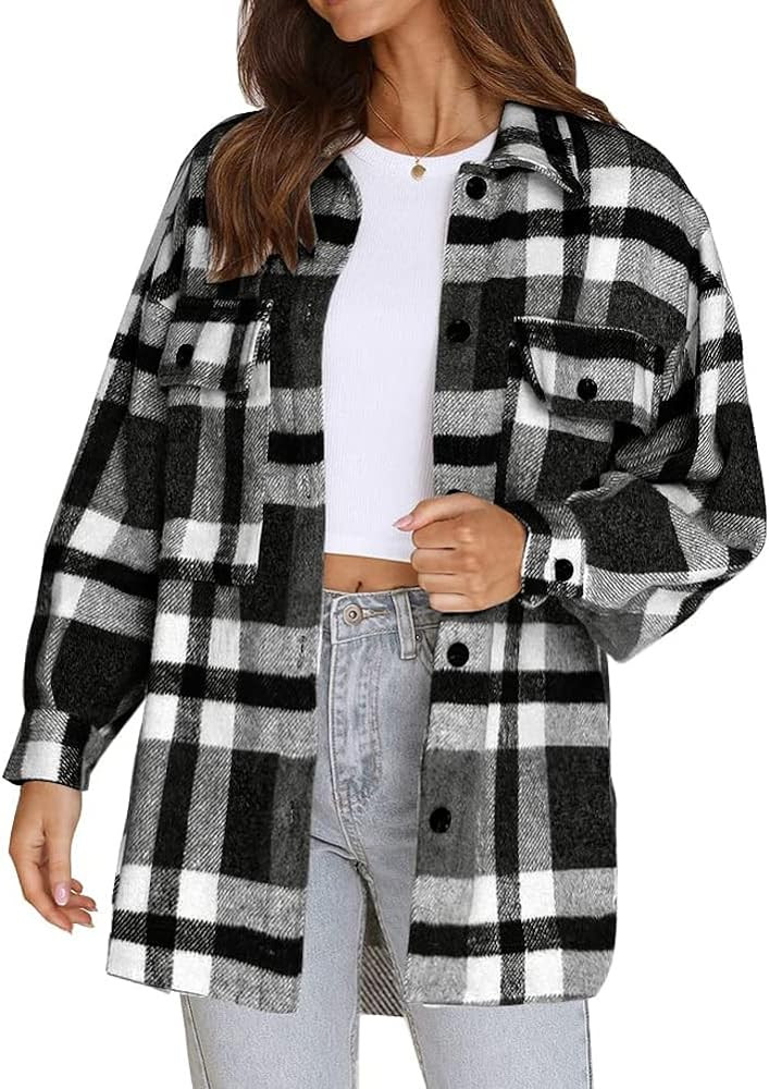 Beaully Women's Flannel Plaid Shacket Long Sleeve Button Down Shirts Jacket Coats with Side Pocke... | Amazon (US)
