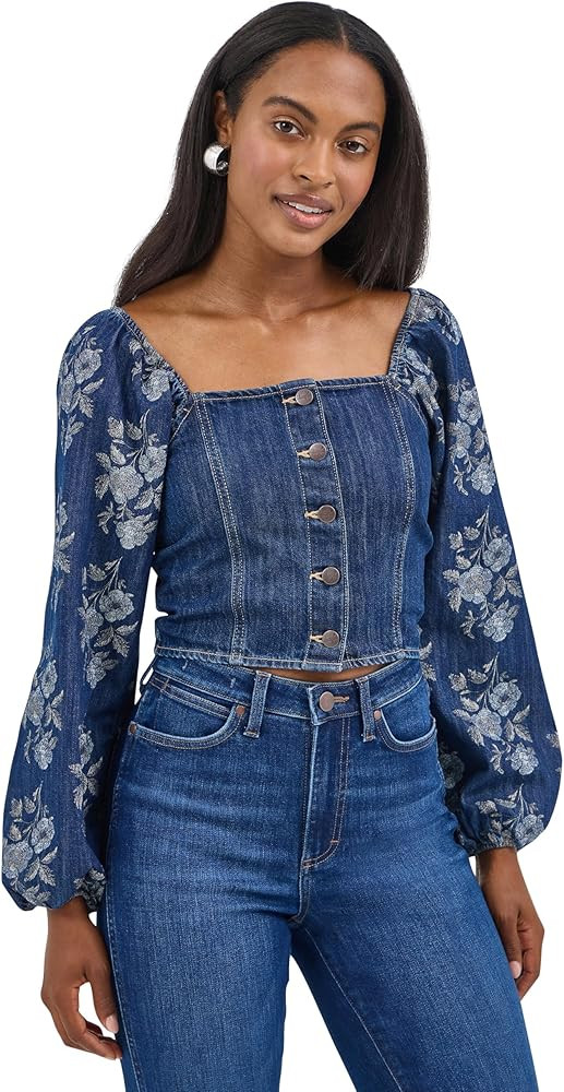 Wrangler Women's Denim Top with Floral Sleeves | Amazon (US)