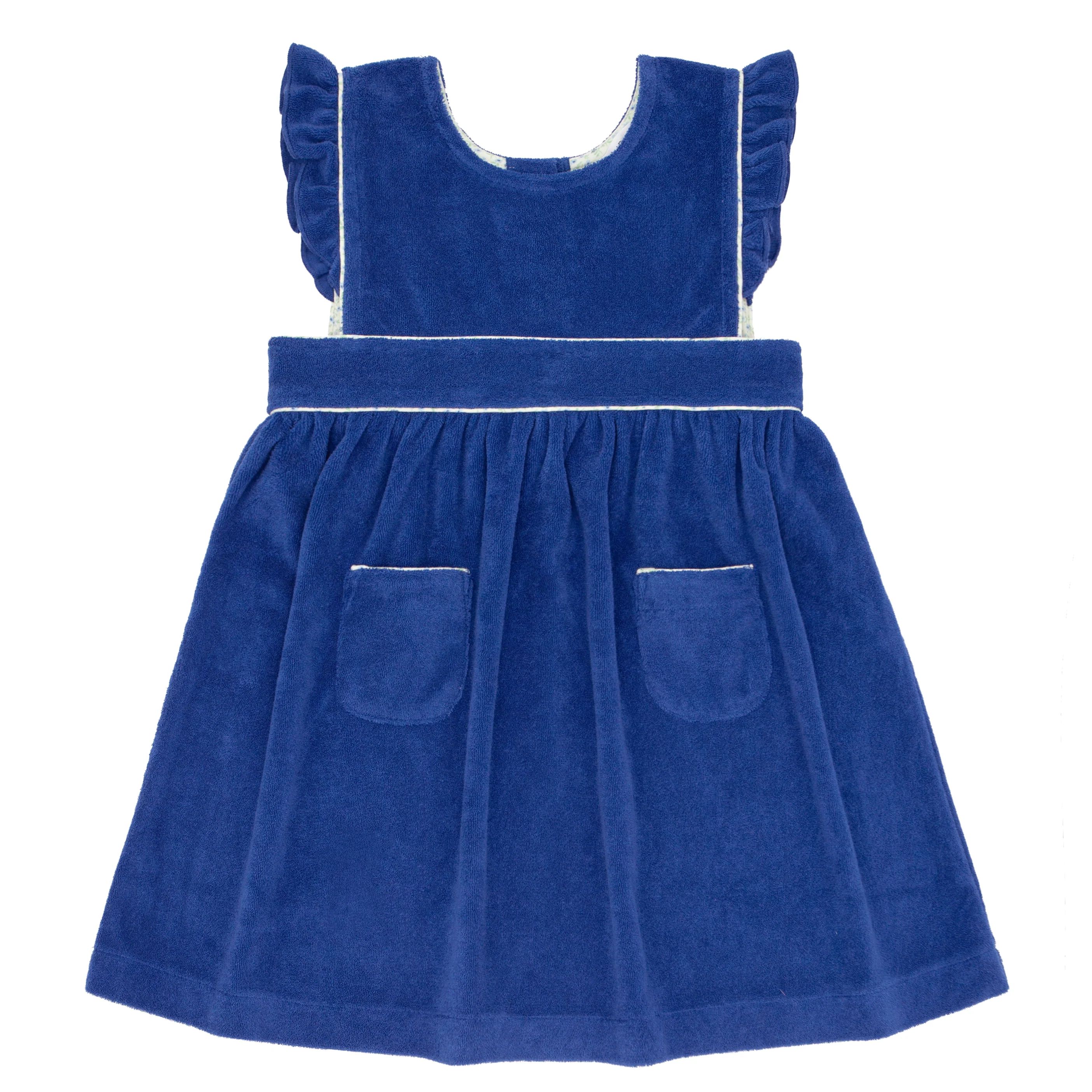 girls cove blue french terry ruffle sleeve pinafore dress | minnow