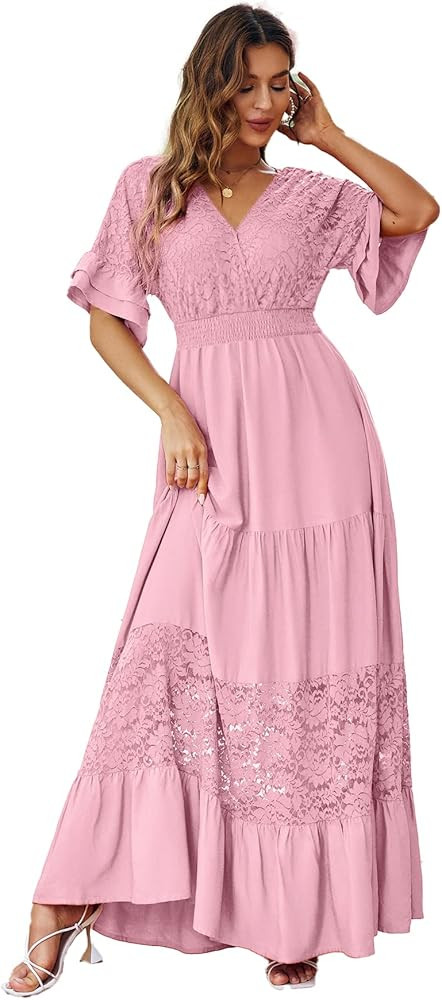 Simplee Women Lace Formal Floral Maxi Dress Ruffle Flowy V Neck Short Sleeve Bride Wedding Guest Hol | Amazon (US)