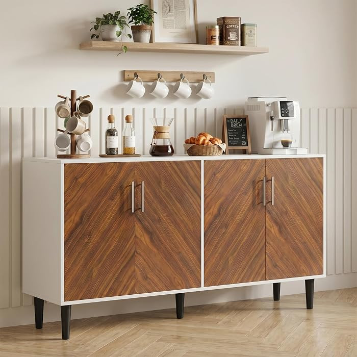 58" Large Buffet Cabinet with Storage, Mid-Century Modern Coffee Bar Cabinet with 4 Doors, Wood S... | Amazon (US)
