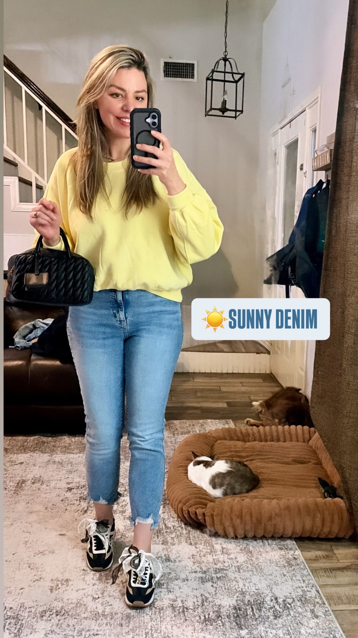 Jeans are very stretchy size down. Wearing a 4 and a large in this pullover 