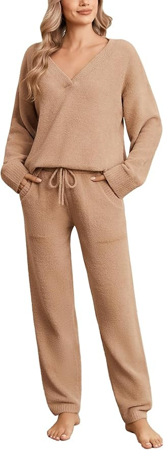 Snuggle Sac Fleece Pajama Sets for Women V Neck Ultra Soft Warm Long Sleeve Winter Pjs Fuzzy Loun... | Amazon (US)