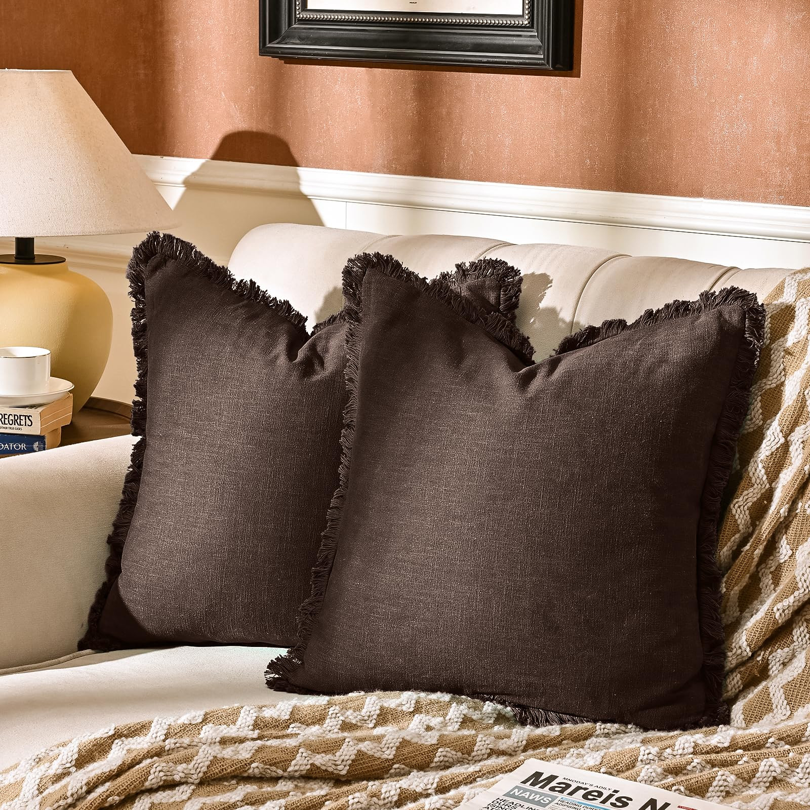 AmHoo Pack of 2 Linen Pillow Covers with Tassels Fringed Decorative Rustic Natural Throw Pillowca... | Amazon (US)