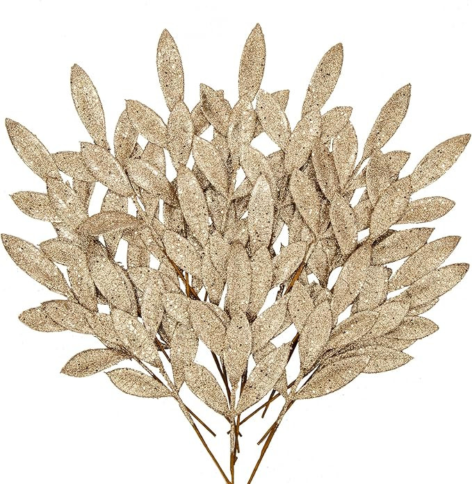 DILATATA 20 Pcs Christmas Glitter Bay Leaves 11" Champagne Artificial Glitter Leaf Spray Christma... | Amazon (US)