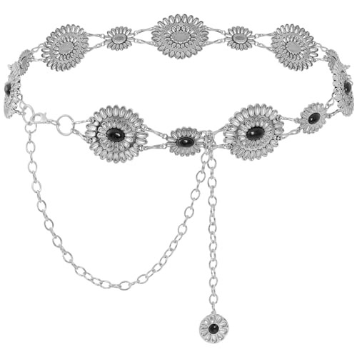Topbuti Western Metal Oval Concho Chain Belt for Women Cowgirl Turquoise Waist Chain Belt for Dresses Jeans Western (Black) | Amazon (US)