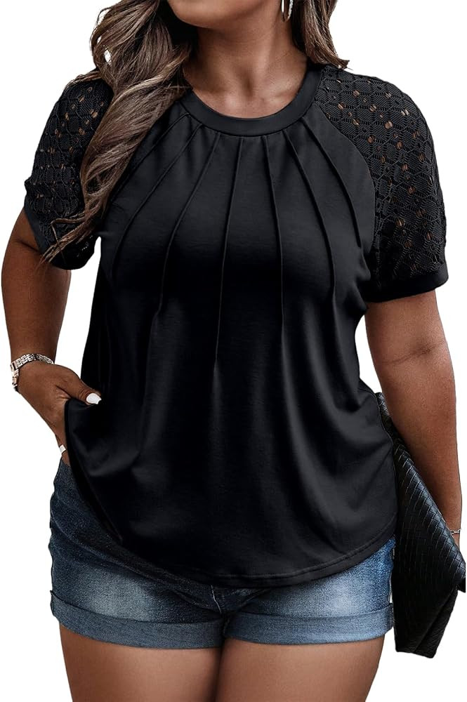 Eytino Plus Size Tops for Women Summer Lace Short Sleeve Crewneck Loose Casual Blouse Tunic T Shi... | Amazon (US)