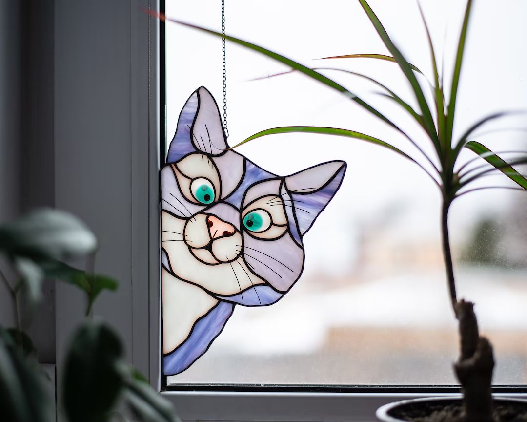 Peeking Cat Window Hangings Stained Glass Cat Suncatcher Dad - Etsy | Etsy (US)