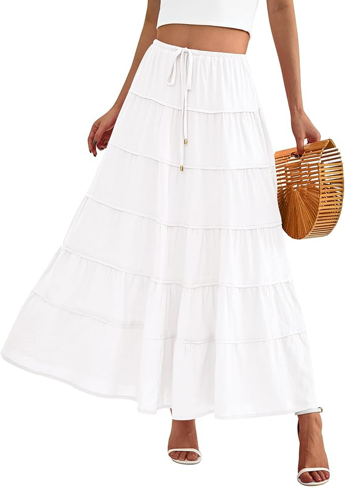 BTFBM Women Summer Tiered Maxi Skirt Drawstring Elastic Mid-Waist A Line Boho Beach Dress Flowy L... | Amazon (US)