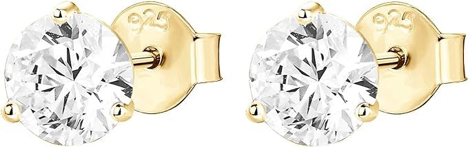 Amazon.com: 14K Yellow Gold Plated Sterling Silver Cubic Zirconia Stud Earrings for Women Round 6... | Amazon (US)