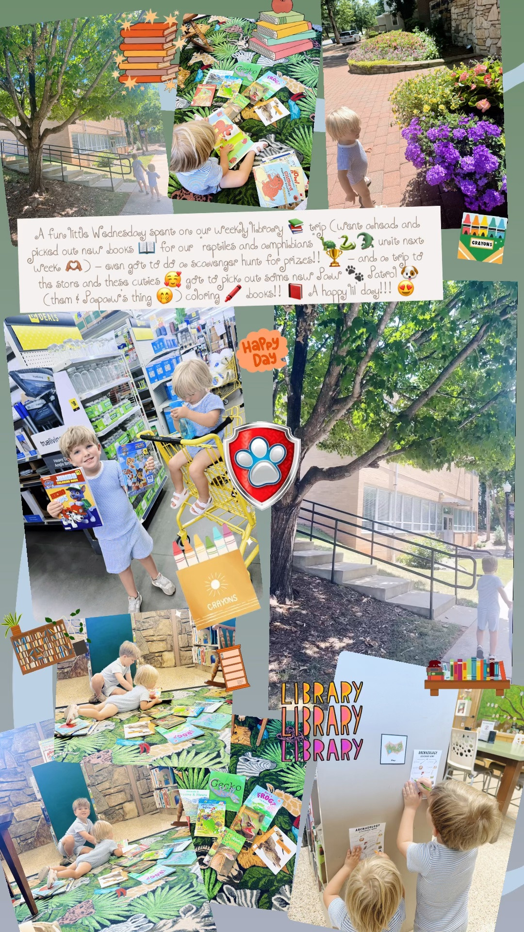 A fun little Wednesday spent on our weekly library 📚 trip (went ahead and picked out new books 📖 for our  “reptiles and amphibians” 🐢🐍🐊 unit next week 🫶🏽) - even got to do a scavenger hunt for prizes!! 🏆 - and a trip to the store and these cuties 🥰 got to pick out some new Paw 🐾 Patrol 🐶 (them & Papaw’s thing 🤭) coloring 🖍️ books!! 📕 A happy lil’ day!!! 😍