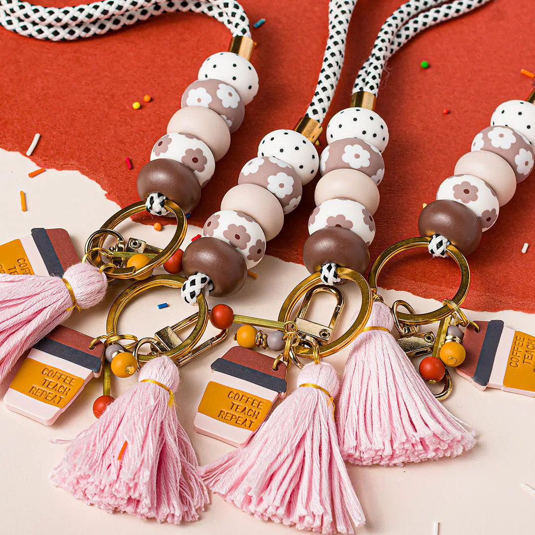 Coffee Beaded Lanyard, Teacher Lanyard for Keys or ID Badge, Stretchy Lanyard, Brown Beads ID, Co... | Etsy (US)