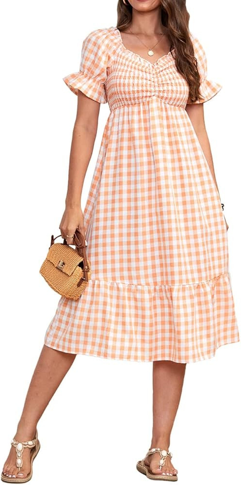 ZIWOCH Women's Summer Smocked Puff Sleeve Square Neck Midi Gingham Dress Empire Waist Ruffled Hem... | Amazon (US)